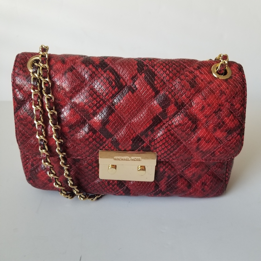 Michael Kors Sloan Dark Red Black Quilted Snake Embossed Shoulder Crossbody Bag